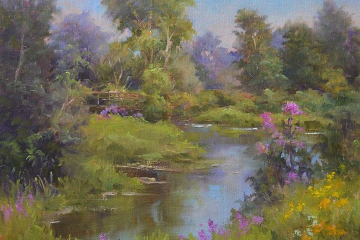 This landscape painting depicts native SE Michigan plants along the edge of a river with a pedestrian bridge and trees.